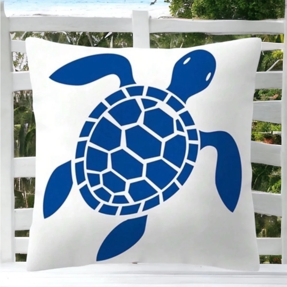 Coastal Pillow Cover Sea Turtle Nautical Graphic Beach 17.75” Square Blue White